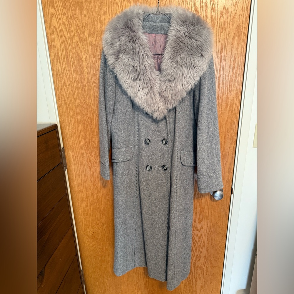 Vintage Sears Gray Wool Long Swing Coat With Lamb Fur Collar, Medium, 1960s